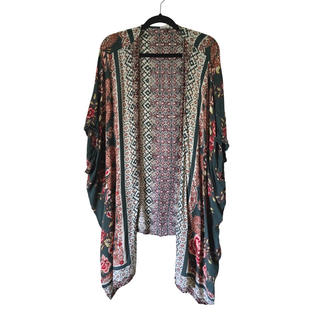 GYPSY LOVE Boho Floral Geometric Kimono Wrap Open Front Rayon Green Red One Size